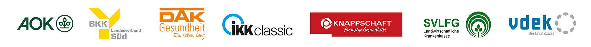 Logos der GKV - AOK BKK DAK ikk-classic Knappschaft SVLGF vdek